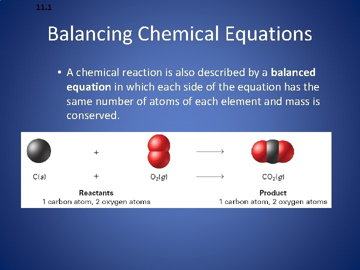 11. 1 Balancing Chemical Equations • A chemical reaction is also described by a