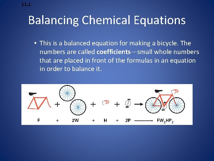 11. 1 Balancing Chemical Equations • This is a balanced equation for making a