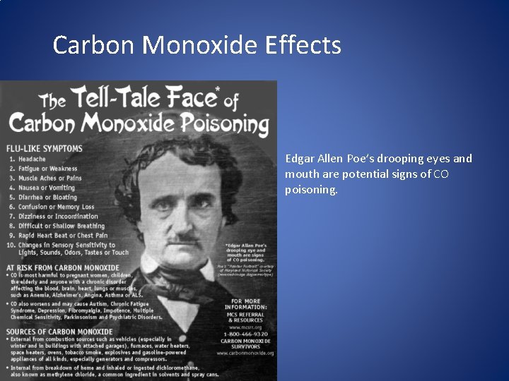Carbon Monoxide Effects Edgar Allen Poe’s drooping eyes and mouth are potential signs of