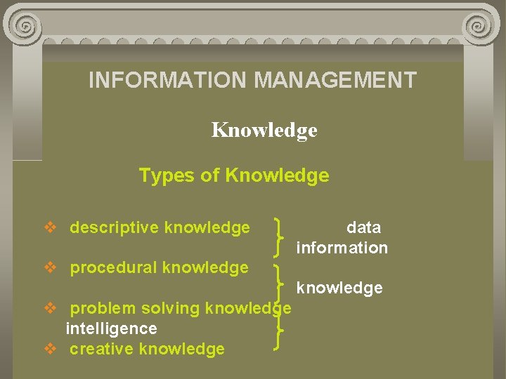 INFORMATION MANAGEMENT Knowledge Types of Knowledge v descriptive knowledge data information v procedural knowledge