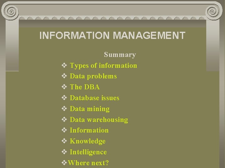 INFORMATION MANAGEMENT Summary v Types of information v Data problems v The DBA v