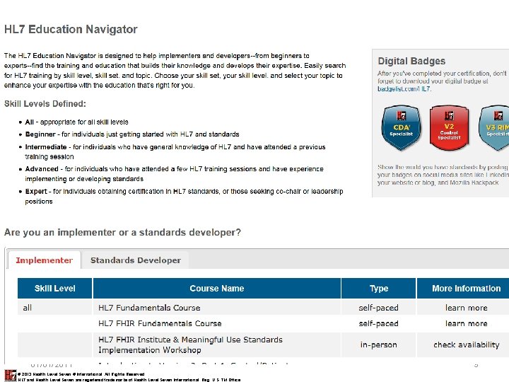 01/01/2011 © 2013 Health Level Seven ® International. All Rights Reserved. HL 7 and 01/01/2011 © 2013 Health Level Seven ® International. All Rights Reserved. HL 7 and