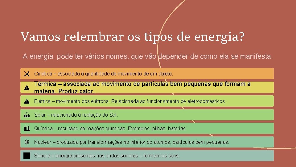 Vamos relembrar os tipos de energia? A energia, pode ter vários nomes, que vão