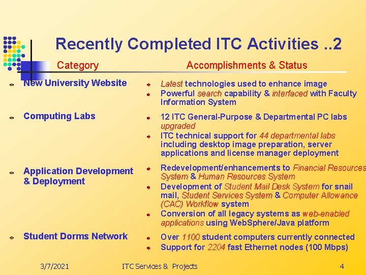 Recently Completed ITC Activities. . 2 Category Accomplishments & Status New University Website Latest