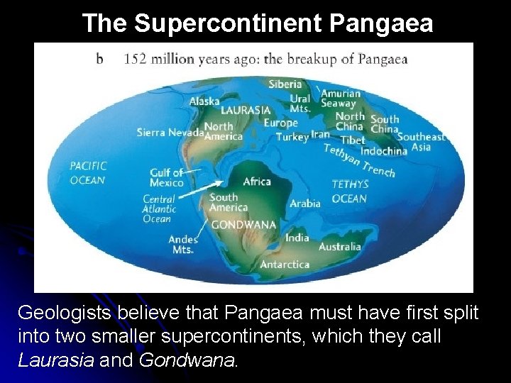 The Supercontinent Pangaea Geologists believe that Pangaea must have first split into two smaller