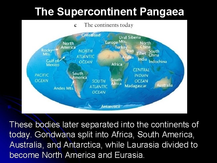 The Supercontinent Pangaea These bodies later separated into the continents of today. Gondwana split