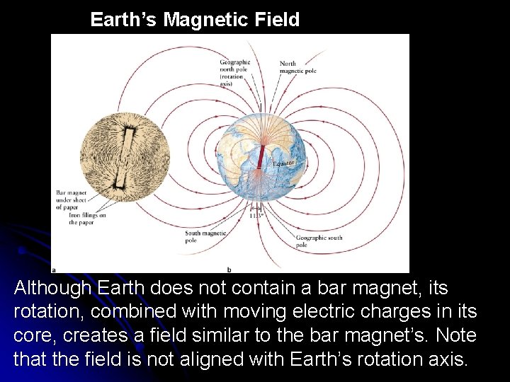 Earth’s Magnetic Field Although Earth does not contain a bar magnet, its rotation, combined