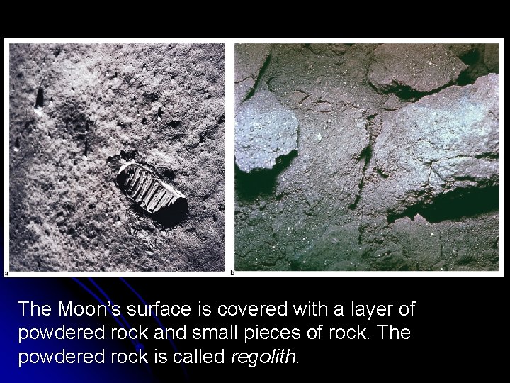 The Moon’s surface is covered with a layer of powdered rock and small pieces
