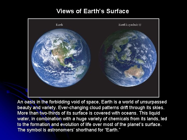 Views of Earth’s Surface An oasis in the forbidding void of space, Earth is