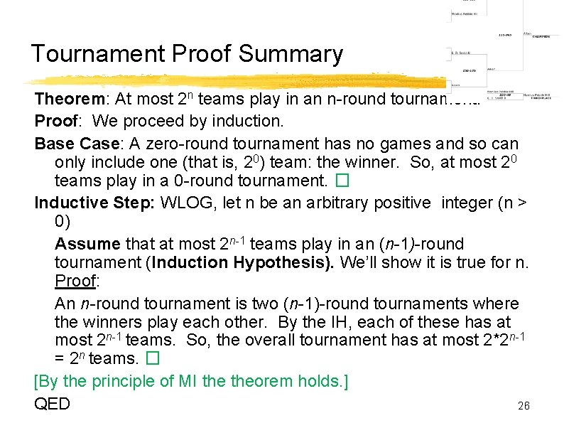 Tournament Proof Summary Theorem: At most 2 n teams play in an n-round tournament.