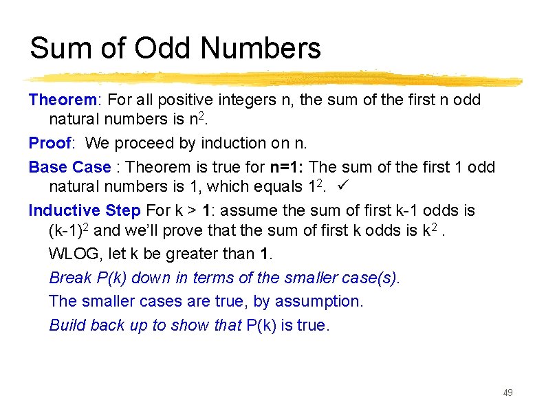 Sum of Odd Numbers Theorem: For all positive integers n, the sum of the