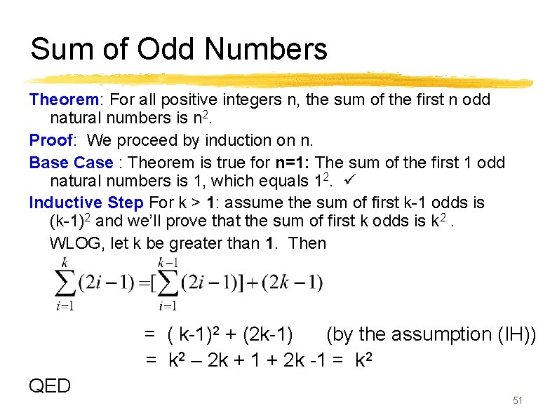 Sum of Odd Numbers Theorem: For all positive integers n, the sum of the