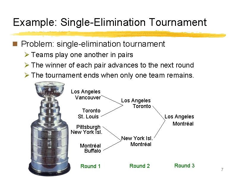 Example: Single-Elimination Tournament n Problem: single-elimination tournament Ø Teams play one another in pairs