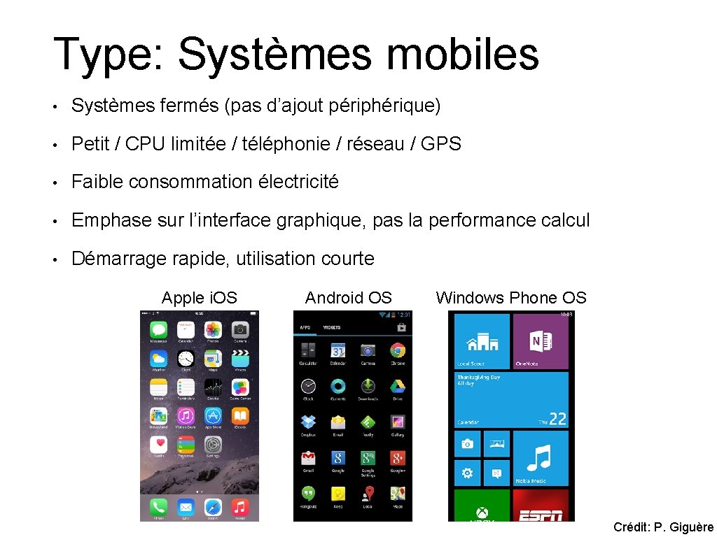 Type: Systèmes mobiles • Systèmes fermés (pas d’ajout périphérique) • Petit / CPU limitée