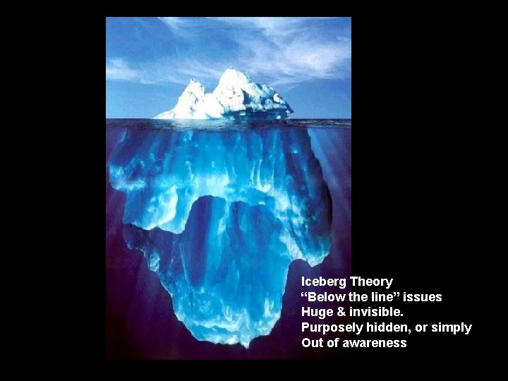 Iceberg Theory “Below the line” issues Huge & invisible. Purposely hidden, or simply Out