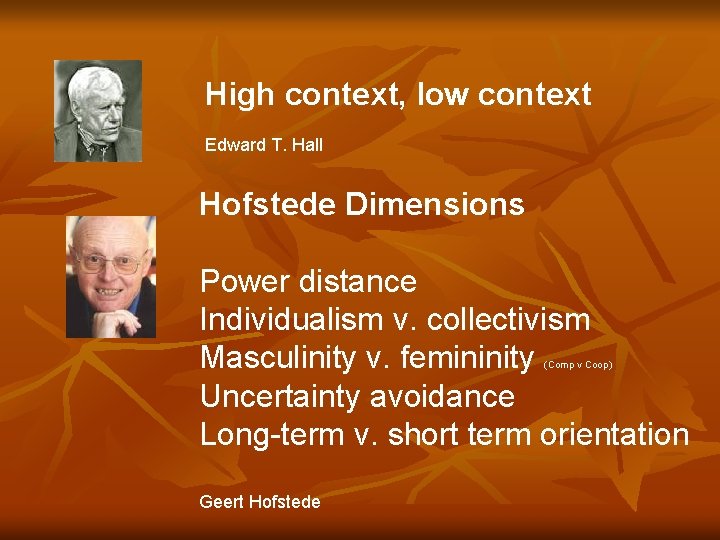 High context, low context Edward T. Hall Hofstede Dimensions Power distance Individualism v. collectivism