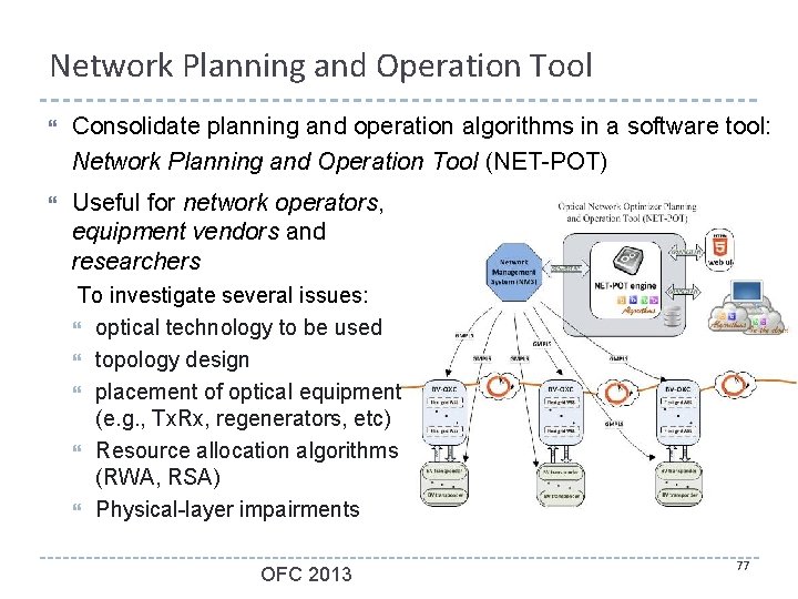 Network Planning and Operation Tool Consolidate planning and operation algorithms in a software tool: