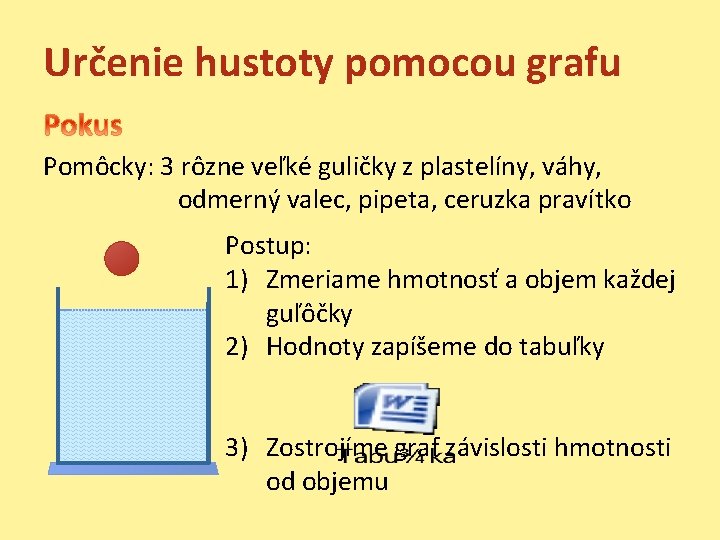 Určenie hustoty pomocou grafu Pomôcky: 3 rôzne veľké guličky z plastelíny, váhy, odmerný valec, Určenie hustoty pomocou grafu Pomôcky: 3 rôzne veľké guličky z plastelíny, váhy, odmerný valec,