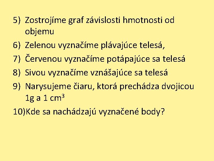 5) Zostrojíme graf závislosti hmotnosti od objemu 6) Zelenou vyznačíme plávajúce telesá, 7) Červenou 5) Zostrojíme graf závislosti hmotnosti od objemu 6) Zelenou vyznačíme plávajúce telesá, 7) Červenou