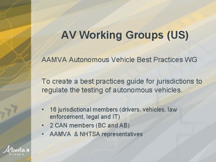 AV Working Groups (US) AAMVA Autonomous Vehicle Best Practices WG To create a best