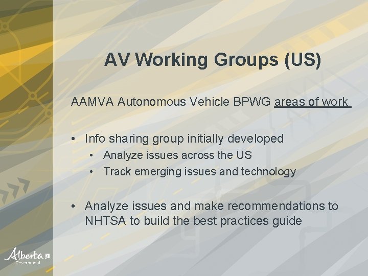 AV Working Groups (US) AAMVA Autonomous Vehicle BPWG areas of work • Info sharing