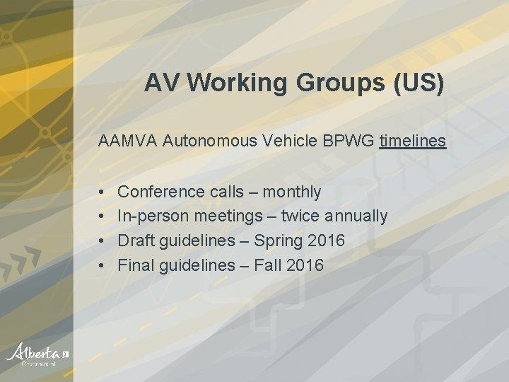 AV Working Groups (US) AAMVA Autonomous Vehicle BPWG timelines • • Conference calls –