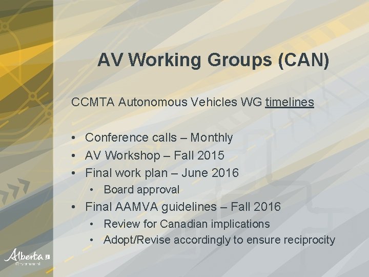 AV Working Groups (CAN) CCMTA Autonomous Vehicles WG timelines • Conference calls – Monthly