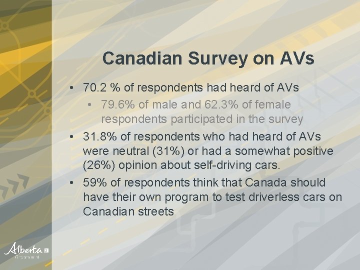 Canadian Survey on AVs • 70. 2 % of respondents had heard of AVs