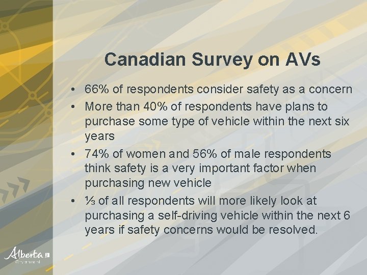 Canadian Survey on AVs • 66% of respondents consider safety as a concern •