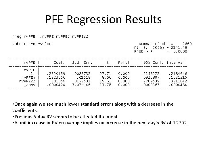 PFE Regression Results • Once again we see much lower standard errors along with