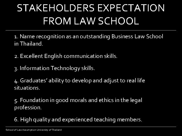 STAKEHOLDERS EXPECTATION FROM LAW SCHOOL 1. Name recognition as an outstanding Business Law School