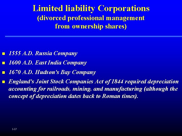 Limited liability Corporations (divorced professional management from ownership shares) n 1555 A. D. Russia