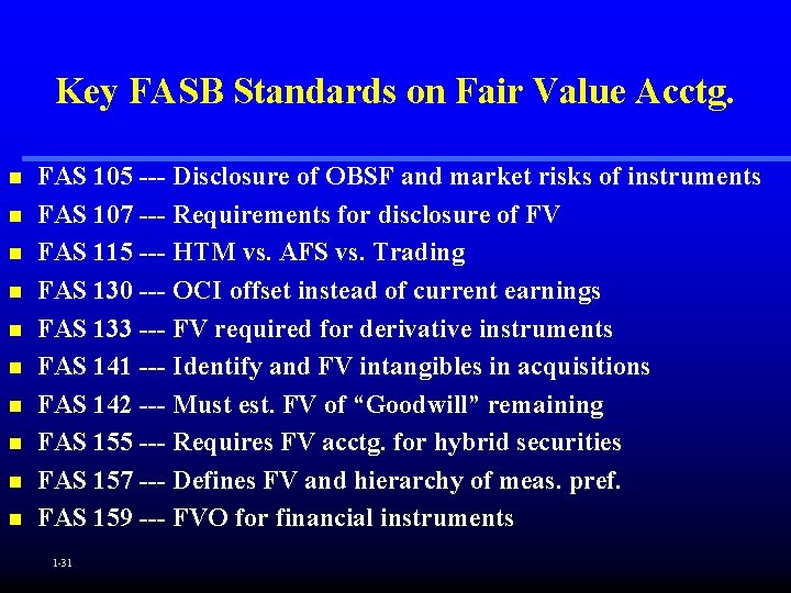 Key FASB Standards on Fair Value Acctg. n n n n n FAS 105