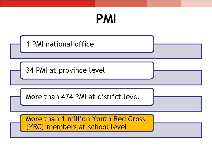 PMI 1 PMI national office 34 PMI at province level More than 474 PMI