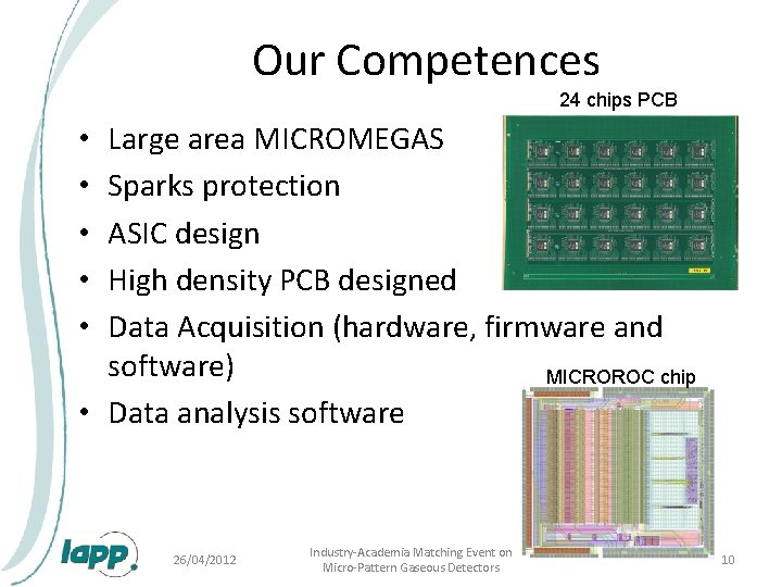 Our Competences 24 chips PCB Large area MICROMEGAS Sparks protection ASIC design High density