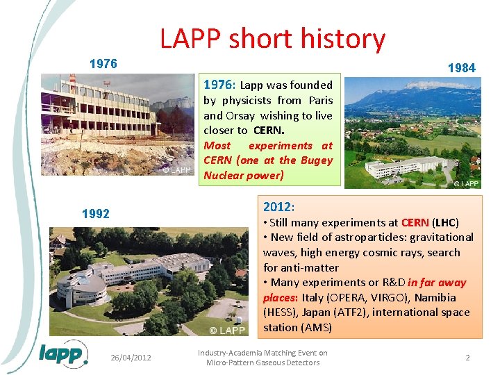 LAPP short history 1976 1984 1976: Lapp was founded by physicists from Paris and