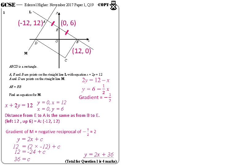 GCSE Edexcel Higher: November 2017 Paper 1, Q 19 L 1 y (0, 6)