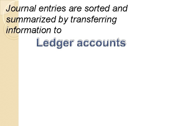 Journal entries are sorted and summarized by transferring information to Ledger accounts 