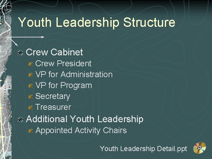 Youth Leadership Structure Crew Cabinet Crew President VP for Administration VP for Program Secretary Youth Leadership Structure Crew Cabinet Crew President VP for Administration VP for Program Secretary