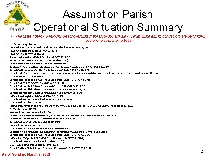 Assumption Parish Operational Situation Summary - • The State Agency is responsible for oversight