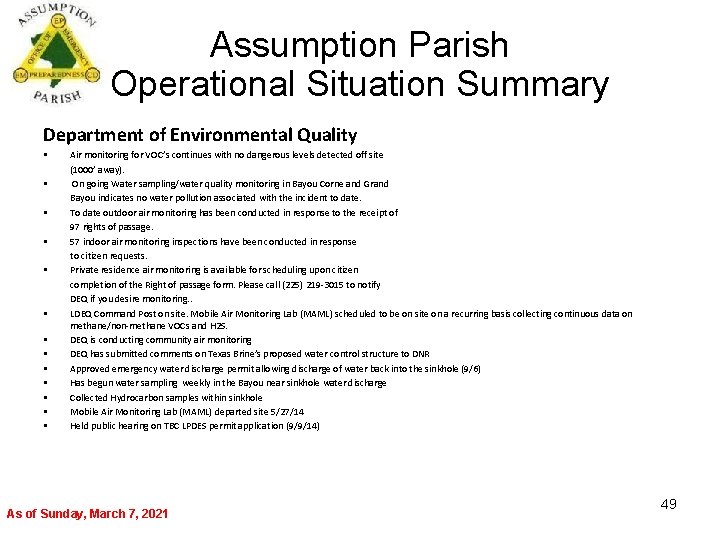 Assumption Parish Operational Situation Summary Department of Environmental Quality • • • • Air