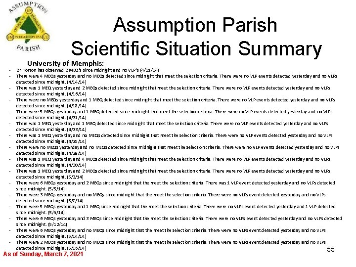  Assumption Parish Scientific Situation Summary University of Memphis: - Dr Horton has observed
