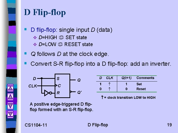 D Flip-flop § D flip-flop: single input D (data) v D=HIGH a SET state