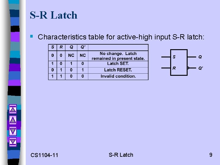 S-R Latch § Characteristics table for active-high input S-R latch: CS 1104 -11 S-R