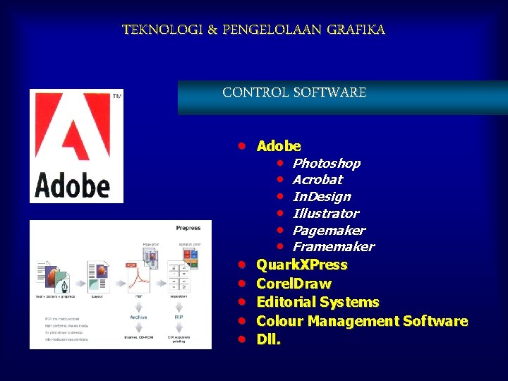 TEKNOLOGI & PENGELOLAAN GRAFIKA CONTROL SOFTWARE • • • Adobe • Photoshop • Acrobat