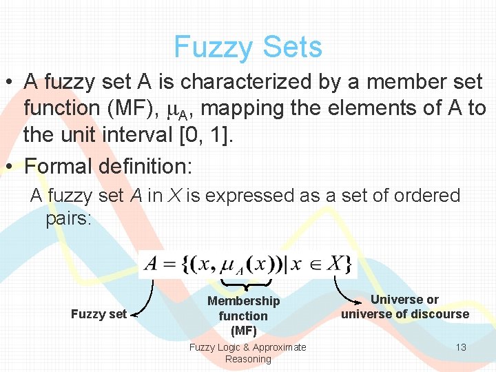 Fuzzy Sets • A fuzzy set A is characterized by a member set function