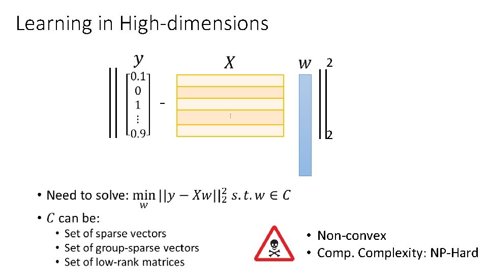 Learning in High-dimensions 2 2 • • Non-convex • Complexity: NP-Hard 
