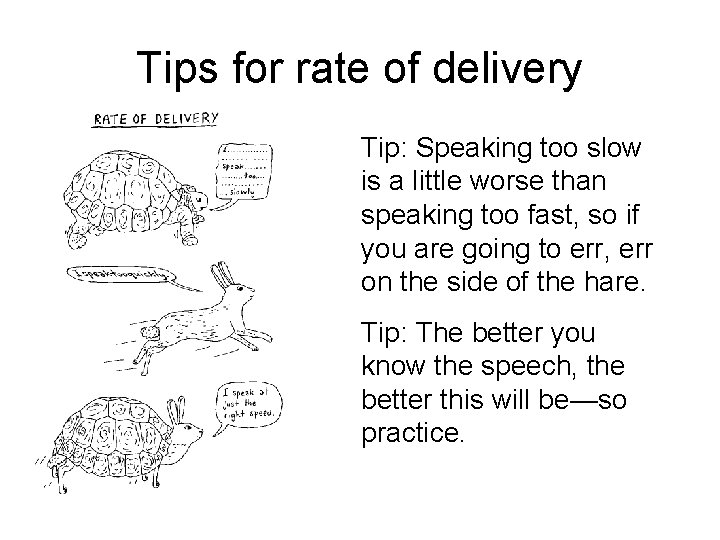 Tips for rate of delivery Tip: Speaking too slow is a little worse than