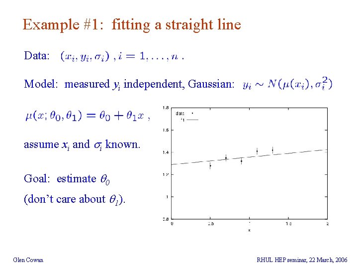 Example #1: fitting a straight line Data: Model: measured yi independent, Gaussian: assume xi