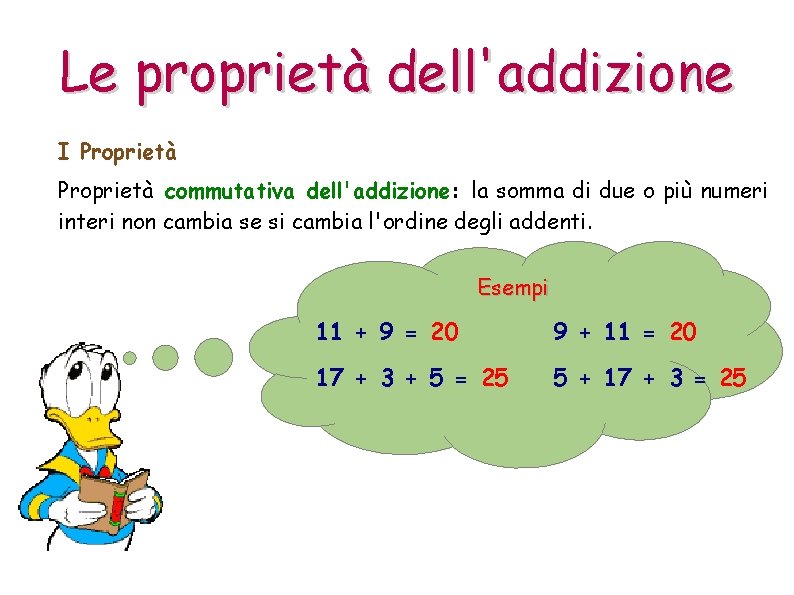 Le proprietà dell'addizione I Proprietà commutativa dell'addizione: la somma di due o più numeri